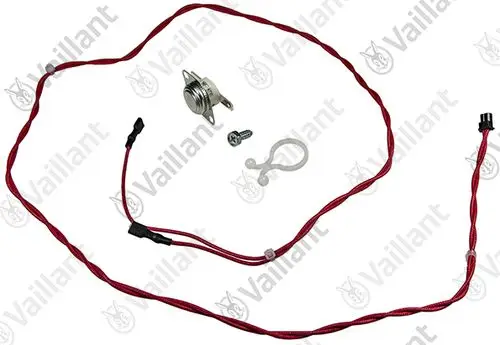 Vaillant Sensor mit Kabel, bestehend aus einem Sensor, zwei Kabeln und einem Befestigungselement. Das Kabel ist rot und die einzelnen Komponenten sind übersichtlich angeordnet.